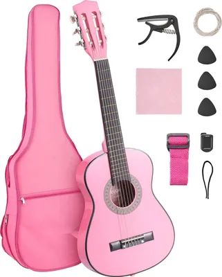 Produktbild von Konzertgitarre / Klassikgitarre - Starter-Set - Größe 78 cm - Nylonsaiten - Set mit Gigbag, Gurt, Stimmgerät, Ersatzsaiten, Plektren, Kapodaster - Linde - Für Anfänger - Pink