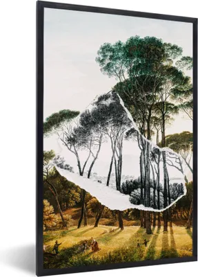 Produktbild von MuchoWow® Gerahmtes Poster Italienische Landschaft Schirmkiefern - Kunst - Hendrik Voogd - Malerei - Schwarz-Weiß - Alte Meister 60x90 cm - Poster mit Schwarzem Bilderrahmen Wandposter Rahmen Foto Bilder - Kunst