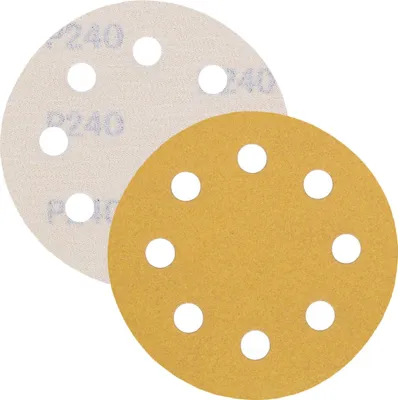 Produktbild von P240 Schleifpapier, Schleifscheibe - Universal (gelb) 125mm, 8-fach-gelocht, Latexbasis - 10er Pack