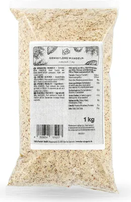 A bag of ground almonds with a label showing nutritional information.