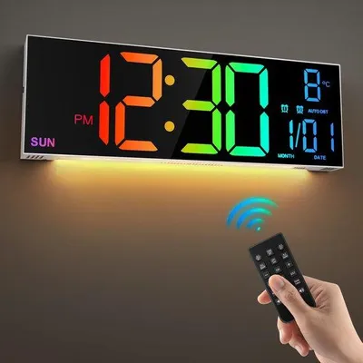 Image de Horloge murale numérique 16 pouces avec télécommande, double alarme, 8 couleurs LED RGB, grand écran, luminosité automatique, date, heure d'été/heure d'hiver, température