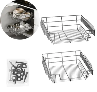 Image de TRMLBE - Lot de 2 tiroirs télescopiques pour cuisine, 50 cm, extension totale, métal robuste, avec grille d'égouttage, pour cuisine et salle de bain, couleur argent