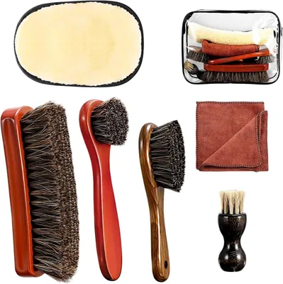 Produktbild von Reinigungsset 4-teilig, Schuhbürsten und Mikrofaserdhandschuh, für Leder und Auto