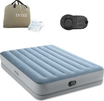 An Intex air mattress with its accessories, including a storage bag and a pump, laid out on a white background.