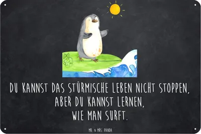 Produktbild von Mr. & Mrs. Panda Wandbild Pinguin Surfer DIN A3 - Kreidetafel - Geschenk, Portugal, Türschild, Hawaii, Motiviert, Urlaub, Blechschild, Blechtafel, tafel, Optimistisch