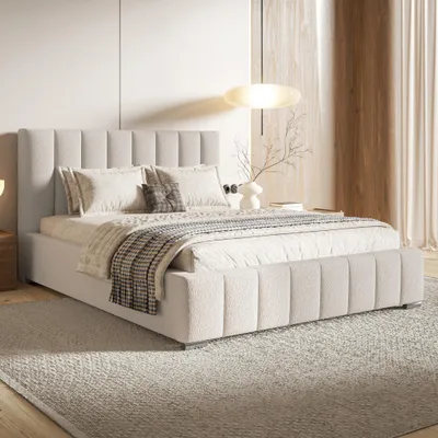 Produktbild von MOTIVENA Vigo Polsterbett 180x200 mit Bettkasten, Holz Lattenrost, Bett 180x200 Beige Boucle (Catch Me 02)
