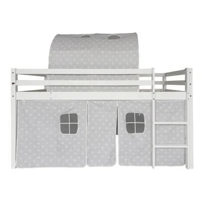 Produktbild von Kinderbett Hochbett 90x190 cm (ohne Matratze), aus weissem Kiefernholz mit Baumwollzelt, Spielbett mit Schutzgelaender und Leiter
