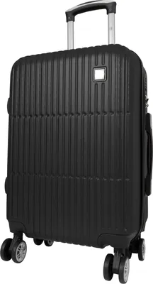 A black hard-shell trolley suitcase.