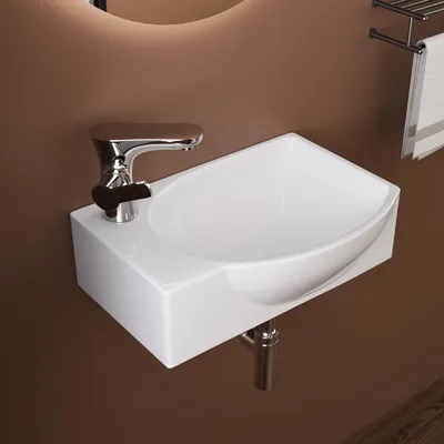 Produktbild von DeerValley Waschbecken klein Weiß – Mini Wandwaschbecken 400×280 mm aus Keramik mit mehr Nutzfläche, Becken rechts & Armaturloch