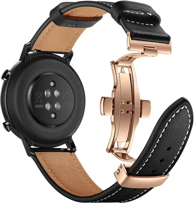 Produktbild von FFO2World 20 mm Luxus-Lederarmband für Samsung Galaxy Watch 4–7 (Classic) & Garmin/Huawei – Echtleder mit roségoldener Faltschließe, Schwarz