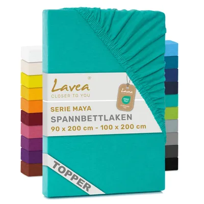 Zdjęcie produktu dla Lavea® Prześcieieradlo do materaca z dodatkową warstwą, 90x200 cm - 100x200 cm, Maya, 100% bawełna dżersejowa – Miękka prześcieradło do materaca z dodatkową warstwą, do 10 cm – Turkusowy