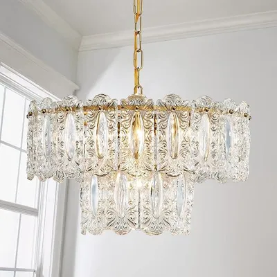 Productafbeelding van Saint Mossi kristallen kroonluchter, vintage hanglamp, met 4 lichtpunten, 46 x 25 cm, met een 2-laags glazen kap en een messing afwerking