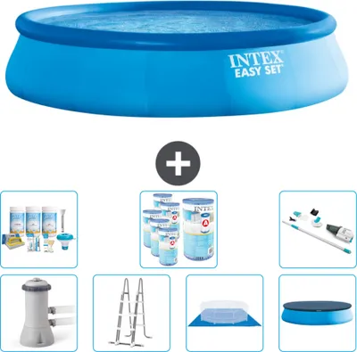 Produktbild von Intex runder aufblasbarer Easy Set-Schwimmpool – 457 x 107 cm – Blau – inklusive Pumpe – Leiter – Bodenplane – Abdeckung Wartungspaket - Filter - Staubsauger