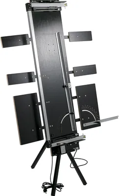 A black and silver styrofoam cutting machine is shown on a white background, mounted on a tripod stand.