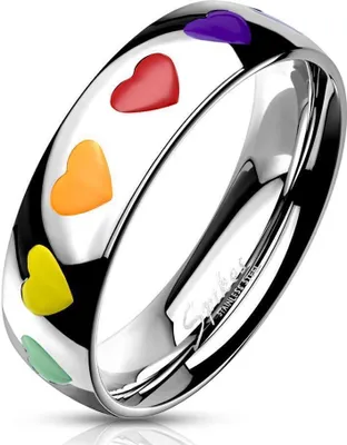 Produktbild von 49 (15.6) Bungsa© REGENBOGEN Herz Ring Damen - silberner aus EdelstahlRING für Frauen mit bunten Herzen - DAMENRING mit grünem, gelbem, orangem, rotem & violettem Herz - RAINBOW LGBT Gay Pride