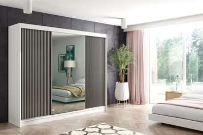 Produktbild von ALTDECOR Kleiderschrank mit Spiegel und Lamel-Schiebetüren, kugelgelagerte Führungsschienen und Aluminium-Leisten, LED-Beleuchtung und Fernbedienung - VILO - 250 cm - Weiß/Lamelle Schwarz