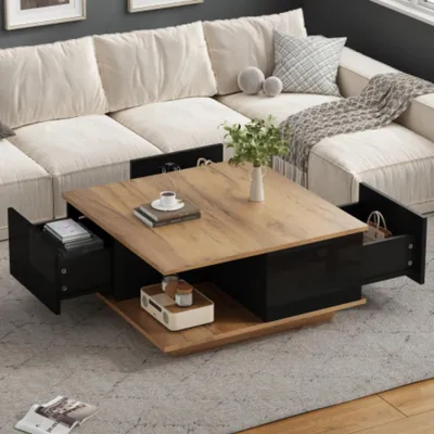 Produktbild von Couchtisch mit 3 Schubladen,geometrischer Kaffeetish,hochglänzende Wohnzimmertisch,Beistelltisch 70 x 70 x 31.5cm