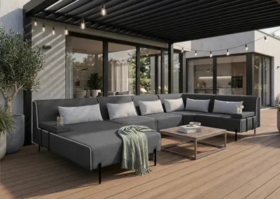 Produktbild von Garten-Ecksofa Borneo XL Dunkelgrau Rechts – Wetterfestes Outdoor Loungesofa – 377 x 222 cm – Wasserabweisender Sunset-Stoff – Modernes Design