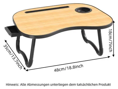 Image de Table d'appoint pliable pour ordinateur portable - Table de lit pliable - Avec porte-gobelet - Avec tiroir - En bois - Pour canapé et lit - Noir