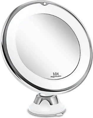 A white and silver makeup mirror with a suction cup base, shown against a white background.