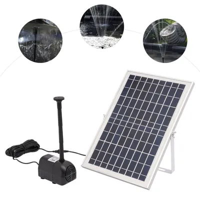 A solar panel and a water pump for a fountain are displayed against a white background, with three circular inset images showing the pump in use in a pond.