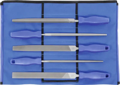 Image de Jeu de limes polyvalentes Dick, 5 pièces, dans une trousse à roulettes. Cote 3, longueur sans tige : 250 mm. 5 pièces