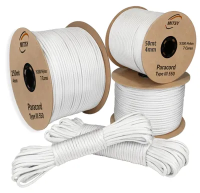 Imagen del producto de Cuerda paracord de 4 mm, color blanco, 50 metros, cuerda de nylon para actividades al aire libre y camping