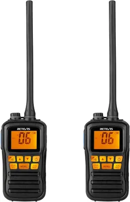 Two black Retevis RM01 handheld radios are shown against a white background.