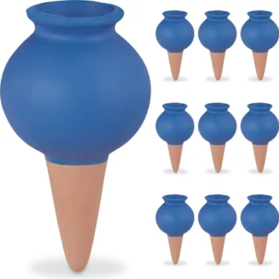 Produktbild von Relaxdays Tonkegel 10er Set, Zimmerpflanzen & Balkonkästen, automatisches Gießen, Keramik, Gießkegel, blau/terrakotta