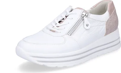 A single white women's sneaker with a platform sole and a side zipper.
