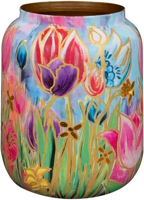Produktbild von Kunstvoll Metallpflanzentopf - Runder Innenraumdekor - Einzigartige Künstlerische Drucke - 21x24 cm - Frühlingsbeleuchtung