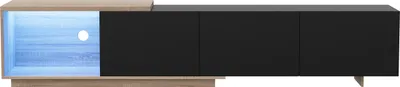Obrázek produktu pro Nízká TV deska UnboxG 240 cm černá s LED osvětlením, 3 zásuvkami a velkým úložným prostorem - Moderní multimediální deska do obývacího pokoje
