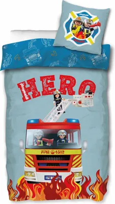 A Playmobil firefighter-themed duvet cover and pillowcase set.