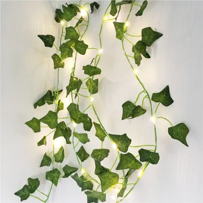 Produktbild von Green Leaf Rattan Kuenstliche Efeugirlande Gefaelschte Blattpflanzen Vine Garland String Light 2 Meter 20 LEDs USB-betriebene Hochzeitsfeier Weihnachtsferien Patio Dekoration