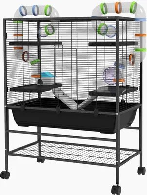 Produktbild von Hamsterkäfig Nagerkäfig mit Rädern, Röhren, Ablagefläche, Rampen, Laufrad, Futternapf, Wasserflasche, Meerschweinchen Käfig für Rennmäuse, syrische Hamster, Schwarz