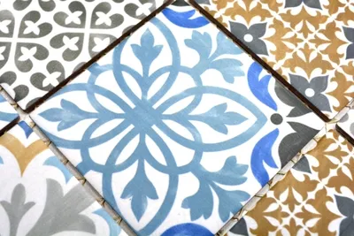 Produktbild von Handmuster Retro Vintage Mosaik Fliese Keramik creme blau orange grau matt MOS22B-1406_m
