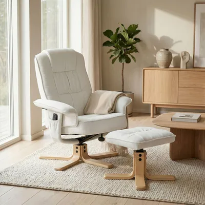 Produktbild von Relaxsessel CHARLY mit Hocker drehbar neigungsverstellbar weiß [Max. Belastbarkeit 100 kg] für Wohnzimmer, TV-Sessel Fernsehsessel mit Liegefunktion Polstersessel und Hocker
