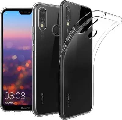 Three Huawei P20 Lite phones, two with transparent cases, and one case shown separately.