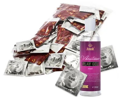 Produktbild von AMOR Premium Kondom und Gleitgel Set - 100 Kondome Thin 0.055 mm, Ø 53 mm + Vibratissimo Play Gel med 250 ml