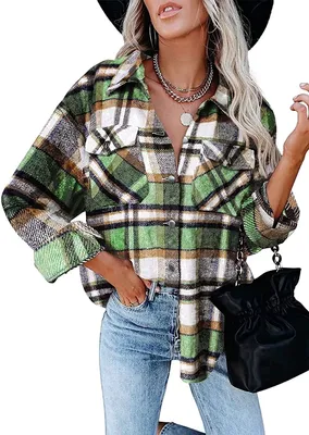 Produktbild von ASKSA Damen Bluse Kariert Hemdjacke Knöpfe Langarm Strickjacke Jacke Freizeithemd, Grün, XL