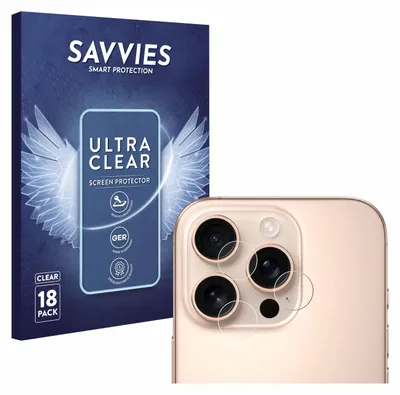 A product packaging box and a close-up of a smartphone camera lens with screen protectors applied.