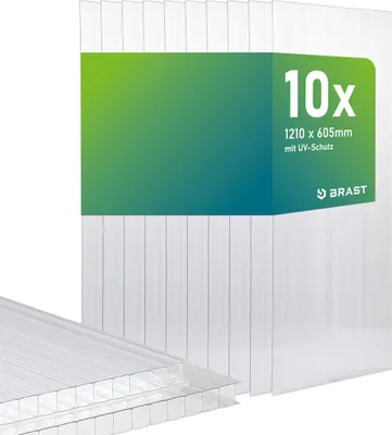 A stack of transparent polycarbonate sheets with a green and blue gradient overlay containing product information.