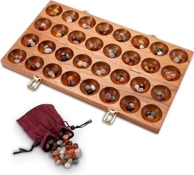 Produktbild von Hus Spiel mit Metallverschlüssen Gold – für 2 Spieler – Bao – Kalaha – mit Edelsteinen - ohne Stoffbeutel