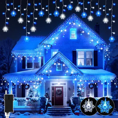 Lichtschnur außen 10 m 240 LEDs Schneeflocken blau-weiß Timer 8 Modi wasserdicht