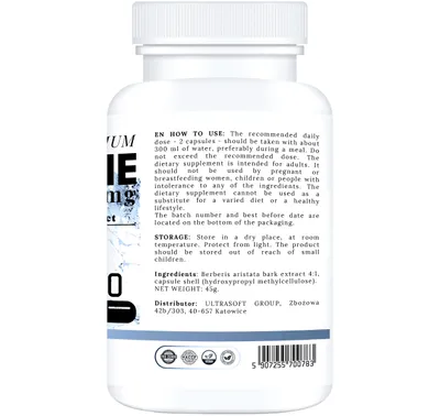 The back of a white supplement bottle with text and logos.