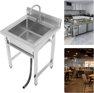 A stainless steel sink with a faucet and a drain hose, shown on a white background. The image is part of a collage with other images of a kitchen and a restaurant.