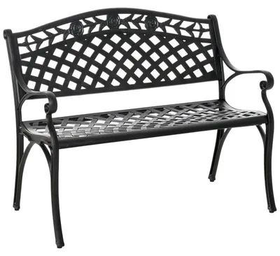 Zdjęcie produktu dla Ławka ogrodowa dwuosobowa, wykonana z aluminium | Kolor: czarny | Wymiary: 102,5 x 61 x 84 cm