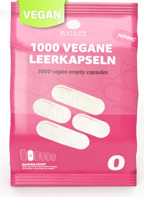 Produktbild von MAISON NATURELLE® Vegane Leerkapseln Gr. “0“ (1000 Stück) – leere Kapseln zum Befüllen - aus HPMC hergestellt aus Kieferfaser - Non-GMO, Project V-Label, Kosher und Halal .