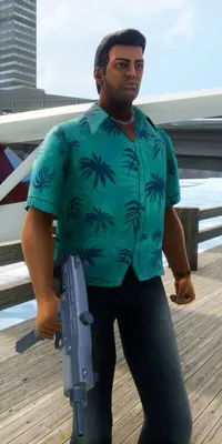 A man stands on a wooden pier holding a gun, with a building and a seaplane in the background.