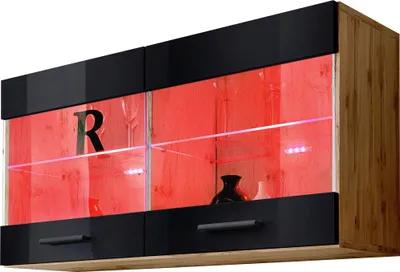 Obrázek produktu pro Komoda | Vitrína Skříň se 2 dvířky Savona, korpus Wotan matný, barva čelní strany černá lesklá, LED RGB